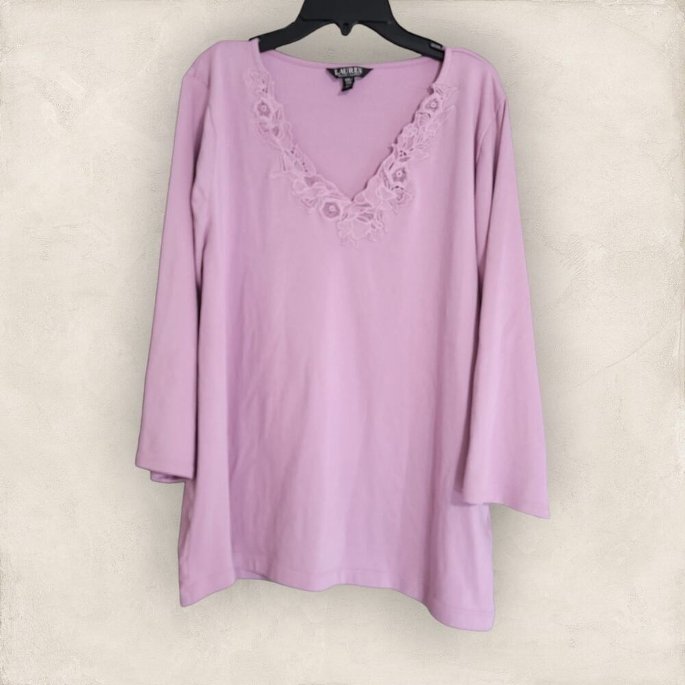 LRL Scottish Primrose Floral Lace V-Neck Trim Three Quarter Sleeve Top Size XXL
